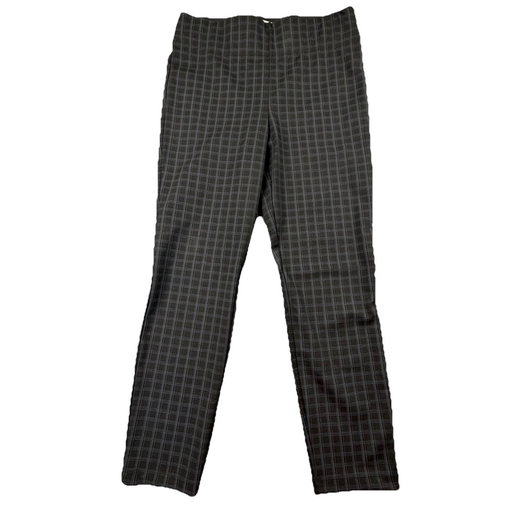 Max Studio Plaid Pull On Pants Women's L Black Gray Stretch NWT